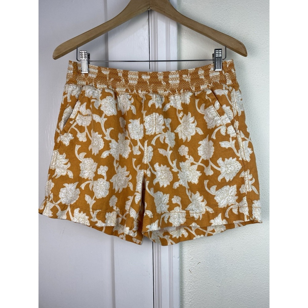 Briggs Estilo Women's L Gold Floral Linen Rayon Blend Smocked Waist Shorts